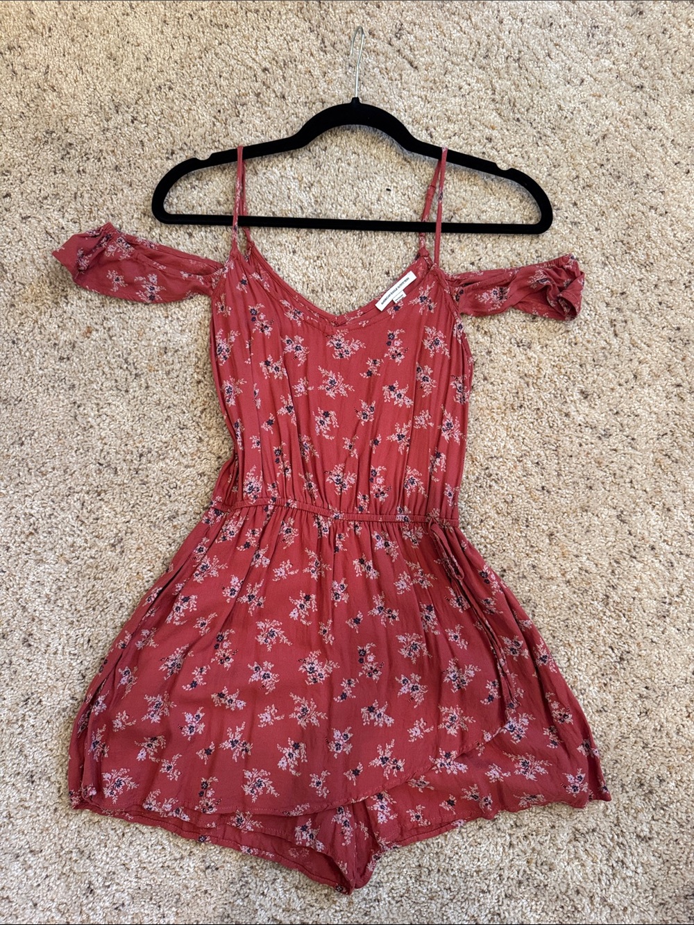 Rust Floral Summer Romper off the shoulder and wrap front detail